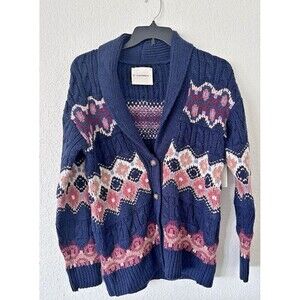 Lucky Brand Women's Shawl-Collar Intarsia-Knit Cardigan Navy Blue Multi S